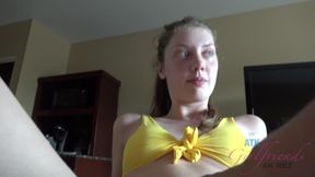 Elena is trying on a bathing suit, but before she can finish your finger is pressed up against her p