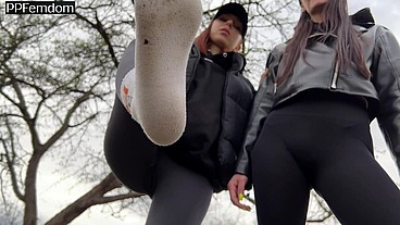 You Have To Lick The Dirty Sneakers Of Two Girls After Chasing Them While Looking At Their Butts