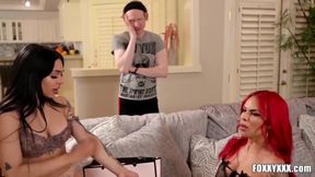 TS Foxxy Gags Deep on Robs Cock Eva Maxim Rims to Cum Gush Explosion
