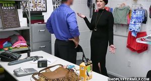 Teacher Jessica gets on her knees and then bend over the table for Rusty to fuck