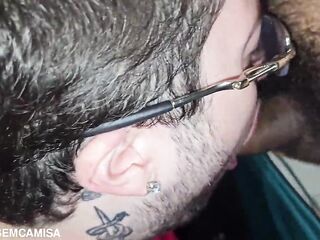 Homo nerd being used by 2 tops in the box of a homo porn cinema - COMPLETE ON RED