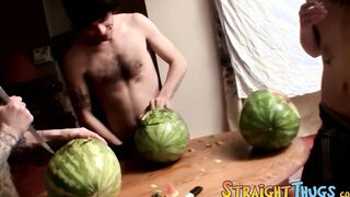 Three straight deviants fuck watermelons and prepare to cum