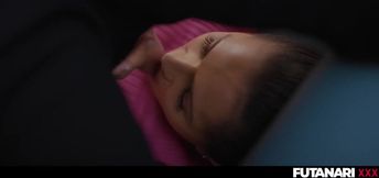Futanari lady sucks her own cock deep throats the cumshot