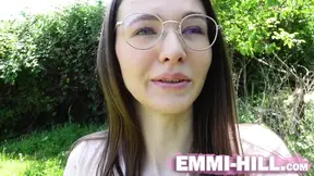 Super skinny Emmi fingers her massive labia in the woods