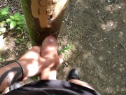 Cumshot on 'cum here' tree , showing cum close up and piss at a cruising area