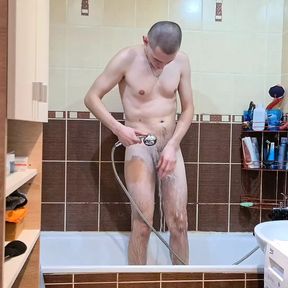 Cute young amateur masturbating his 7 inch dick until reach wonderful orgasm, then he go to shower.