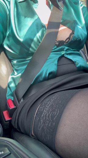 Busty cougar milf in stockings driving and feeling horny