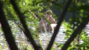 Horny couple fuck spied through the bushes at the nudebeach (real voyeur)