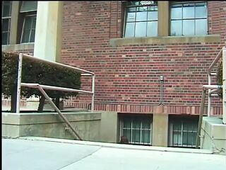 Brown hair student honey gets cum after enjoyable DP in locker room