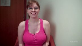 Busty nerd in glasses on knees sucks me and I unload directly into her mouth