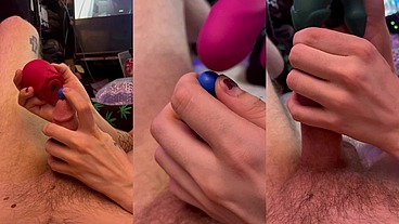 Sounding his cock with vibrating toy