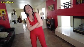 caroline pierce pissing red lycra spandex bodysuit
