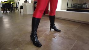 caroline pierce pissing red lycra spandex bodysuit