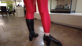 caroline pierce pissing red lycra spandex bodysuit