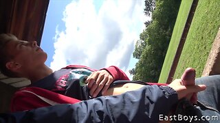 Sexy road trip: outdoor handjob and piss stop with cute czech twink and big uncut cock