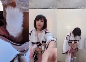 Anal plug tail walk while cute ladyboy pees in diapers cumming orgasm