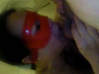 Brunette wife in the red mask gives me head on POV vid