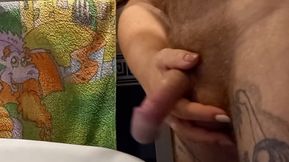 Bitch masturbates my cock in the bathroom with my continuation and cum