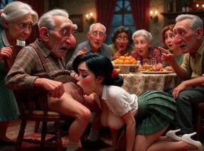 Elderly dinner turns explicit when an woman arrives to pleasure the guests (AI generated)