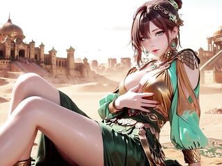 Green Gold Queen Coronation! Inactive Side-lying in the Desert Palace, Fingers Teasing Hair and Veil, Sun-kissed Skin Glistening.