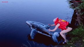 Hot fucking and unexpected POP of an inflatable whale on the river