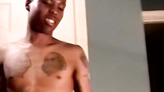 Youthfull ebony jock throated by 2 mature faggots