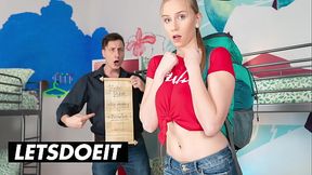 Blonde backpacker Sirena Sweet deepthroats cock in hostel room