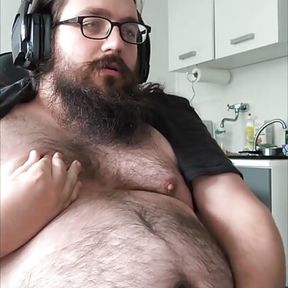 Fat Young Bear jerks off and cums on his belly