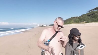 Amateur MILF flashed big tits on nude beach while rubbing her clit raw