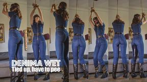 Have to wet myself in my tight jeans jumpsuit tied up