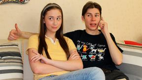 Spicy teen brunette Karina penetrated by a large sausage on the bed