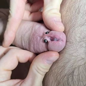 Pierced Cock with Meatotomy Closeup Cum Masturbation Ball Massage