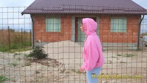 Hipster girl changes wet clothes and pee outdoor