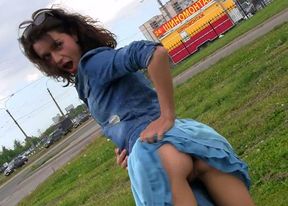 Hot skinny teen in denim jacket and sexy blue skirt