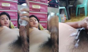 Ladyboy cumming all over big tits shaking as handjob goes wild
