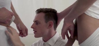 Slutty Mormon twink gets spit-roasted on all fours like a tramp