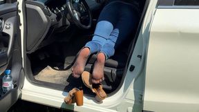Losing wooden mules in the car, losing shoes, one shoe, nylon feet losing shoe, shoe lost, droping shoe