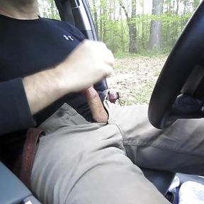 Horny so I pull the car over and jerk-off in a parking lot. I cum, get out and pull up my pants