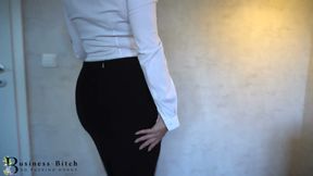 Business slut strip and dildo wall ride