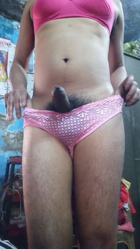 Horny Indian Teen Boy Wearing His Step Sister's Cute Pink Lace Panties and Bra