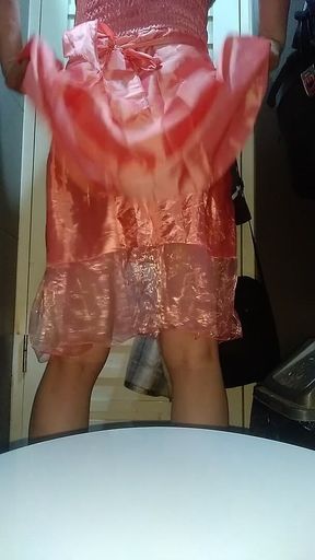 Crossdressing and Cum Wearing Girl Satin Party Pink Mini Dress