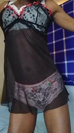 Pretty Sissy Jerks Dick and Grabs His Ass in Lingerie