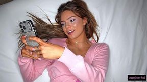 Hot babe gives her boyfriend a nice blowjob, then hops on his huge cock and starts grinding