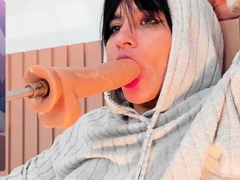 Independent Teen brunette girl toying pussy outdoor