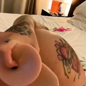 tattoed girlfriend fuck dildo in her ass in hotel room