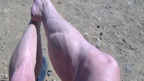 Showing off toes and veins after hike