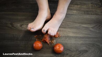 Crush food, trample and fuck tomatoes with my feet