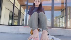 crushing big stuffed tiger barefoot