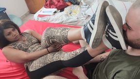 Cruel Brazilian Brunette Make Pathetic Slave to Suck Her Red Toenails & Lick Her Sweaty Soles