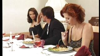 Lucky dude enjoys company of two charming babes during very hot dinner
